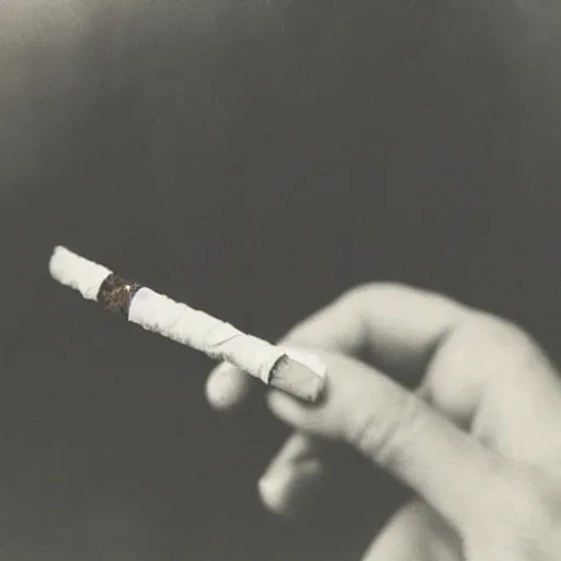 Prompt: Close-up of highly detailed hand holding cigarette with smoke, vintage photo,