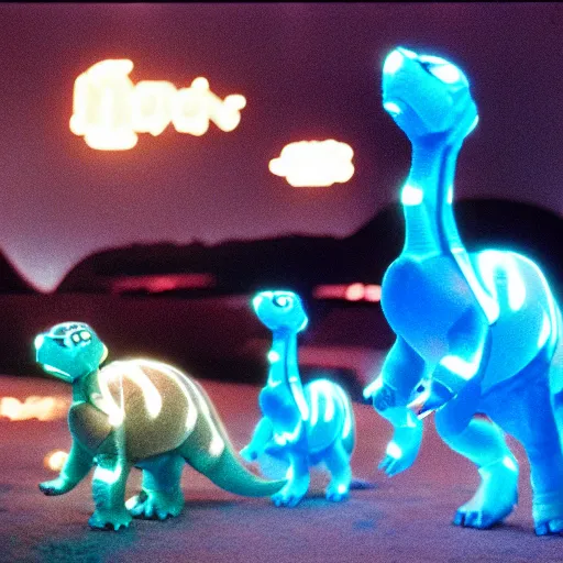 Image similar to electric blue glowing baby dinosaurs in tron movie, cinestill