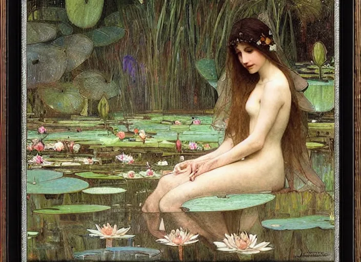 Image similar to a masterpiece painting of a beautiful faerie queen in a waterlily pond by john william waterhouse and alphonse mucha, wide angle, in frame, symmetrical, muted colors