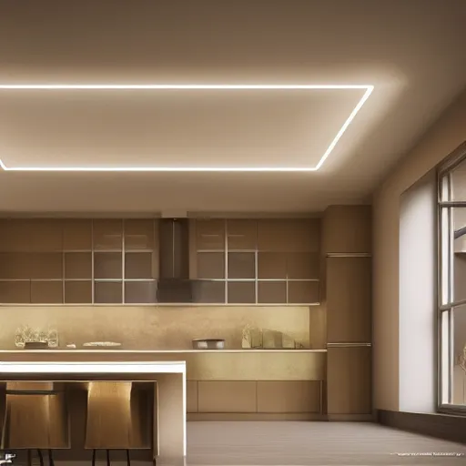 Image similar to kitchen roof lantern led strip lighting, realistic, wide shot, octane render, house and home, home and garden, hyper realistic, high quality, highly detailed, hd, beautiful, cinematic, 8 k, unreal engine,