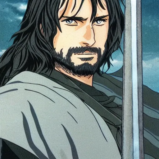 Image similar to aragorn from the anime lord of the rings (1986), looking serious, some beard, studio ghibli, very detailed, realistic