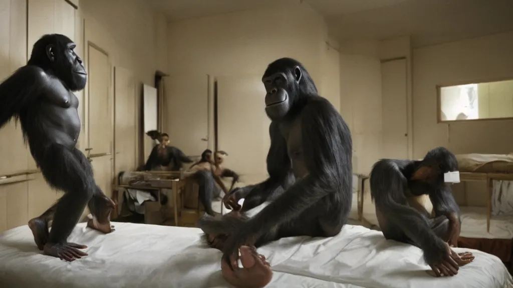 Image similar to a human ape hybrid in college dorm, film still from the movie directed by Denis Villeneuve with art direction by Salvador Dalí, wide lens