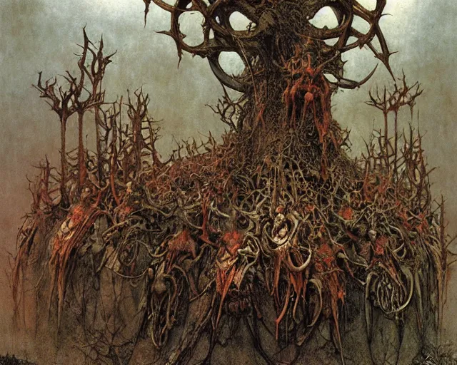 Prompt: Ancient cultic ritual totem made of horns and thorns by Beksinski, Arthur Rackham, Eugene de Blaas, Dariusz Zawadzki, Wayne Barlowe