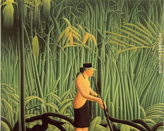 Prompt: snake oil researcher digging through the swamps of Formosa, painting by Henri Rousseau