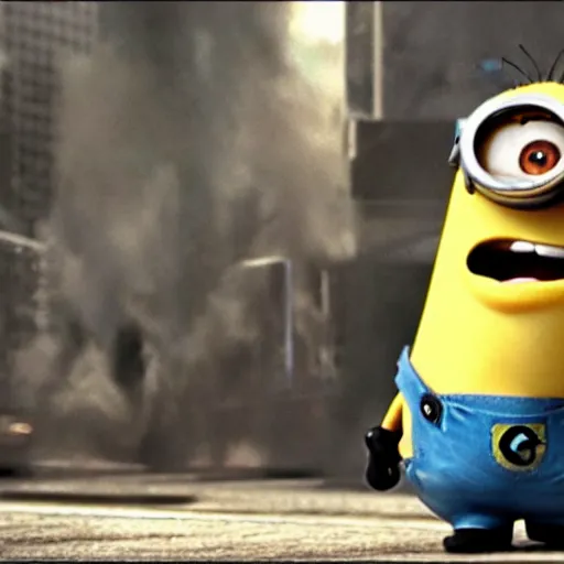 Image similar to a minion on the movie the avengers. cinematic shot.