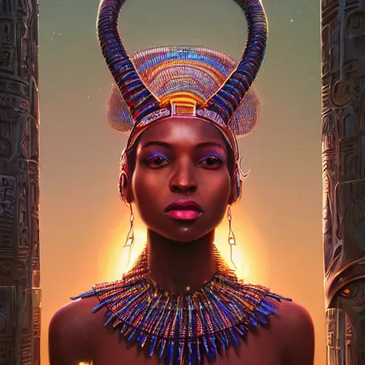 Image similar to highly detailed portrait of an african neon egyptian goddess, intricate alien technology, stephen bliss, unreal engine, fantasy art by greg rutkowski, loish, rhads, ferdinand knab, makoto shinkai and lois van baarle, ilya kuvshinov, rossdraws, tom bagshaw, global illumination, radiant light, detailed and intricate environment