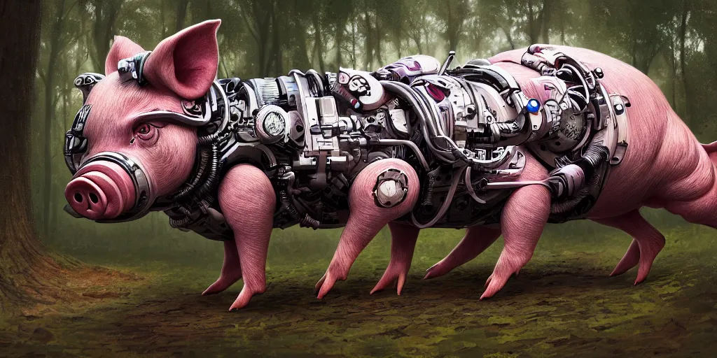 Image similar to portrait of a cyborg pig running in forest, cyberpunk, biomechanical, hyper detailed, trending on artstation