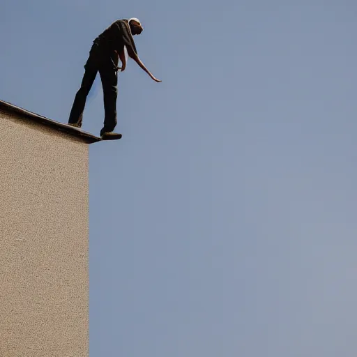 Prompt: a man trying to write the word the on top of a building in stilts