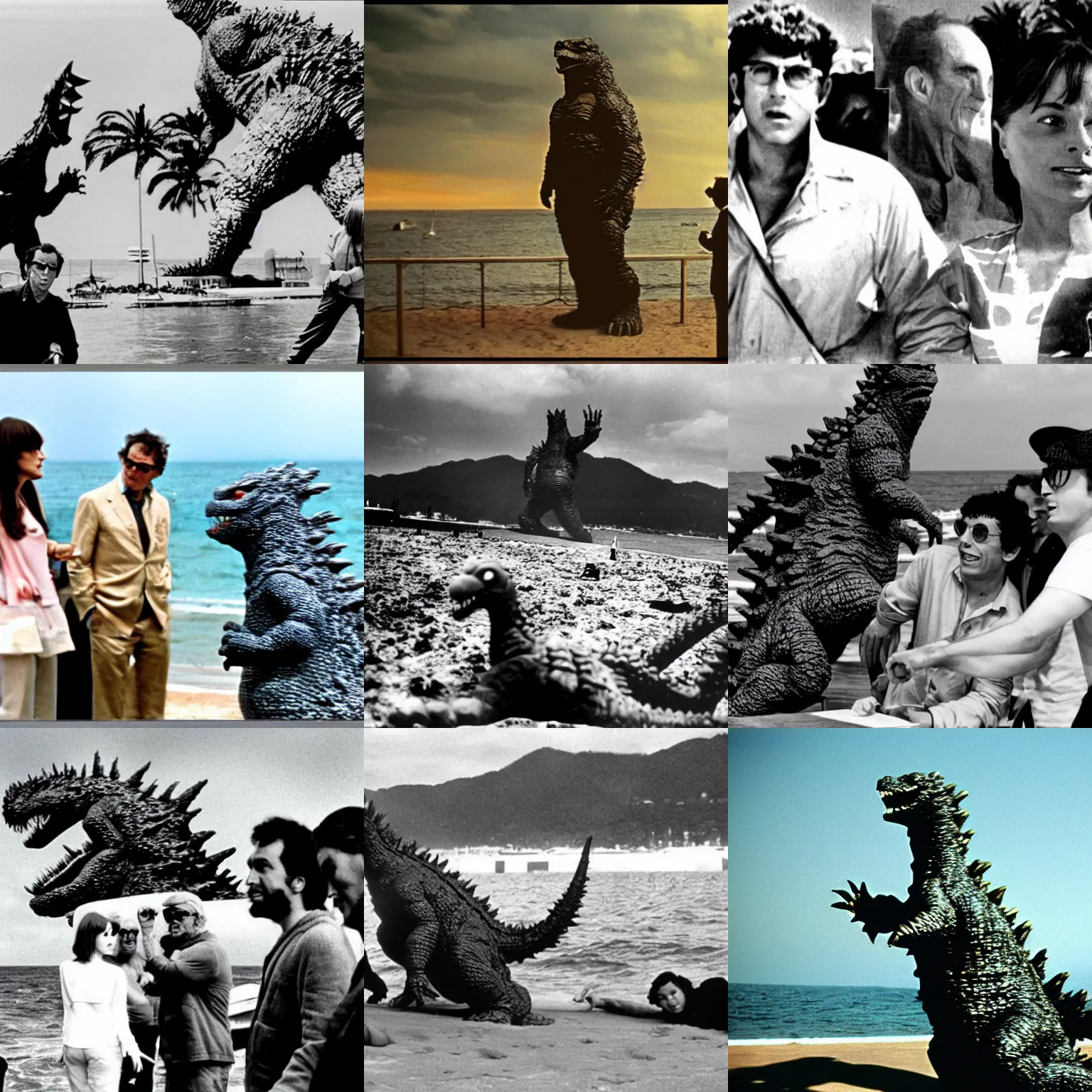 Prompt: godzilla on a beach in cannes. godzilla is surrounded by jean - luc godard and anna karina. in color.