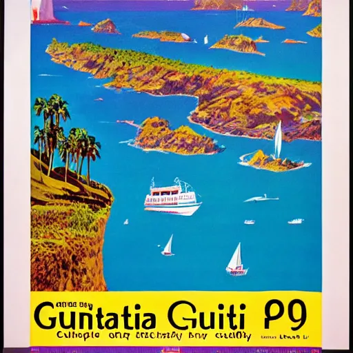 Prompt: a 1970s travel poster of guinea pig island