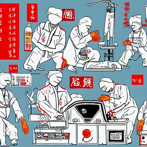 Image similar to chinese surgeons operating on a body on an operating table, in the style of daniel johnston and outsider art, 8k, line brush, minimal, overlaid with chinese adverts, collage