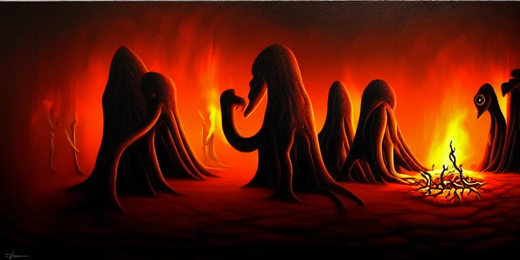 Image similar to creatures lurking in the collective unconscious, dramatic lighting from warm fire glow, in a dark surreal painting by ronny khalil