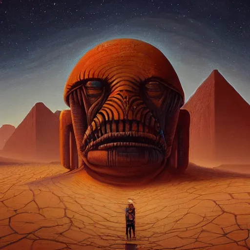 Image similar to beautiful painting of ancient colossal heads towering over wanderers in a desert of salt in the style of Simon Stålenhag and H. R. Giger, detailed, trending on Artstation