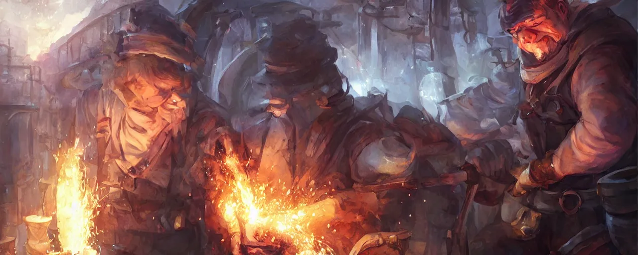 Prompt: blacksmith hard at work, fantasy splash art, promotional art, detail face, grimace, style Charlie Bowater, dutch angle, colorful and expressive