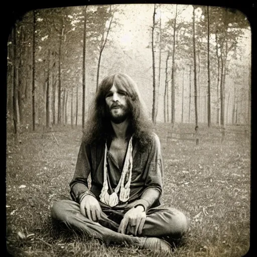 Image similar to 1970s hippie at Woodstock, daguerreotype photo, HD