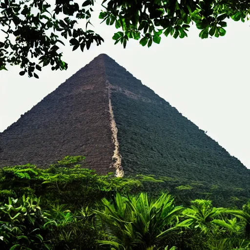 Prompt: a giant pyramid in a tropical jungle. overcast sky, grainy.