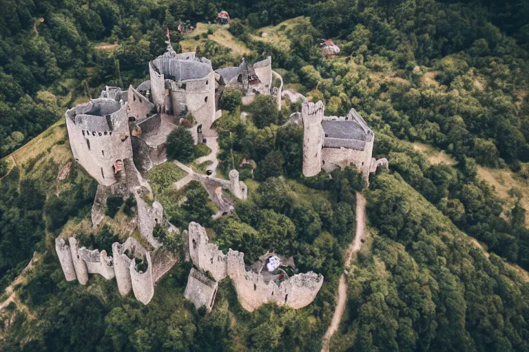 Prompt: medieval castle, aerial view, drone photography, cinematic, mountains