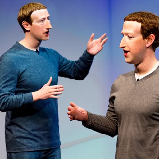 Image similar to A heated argument between animatronic Mark Zuckerberg and animatronic Mark Zuckerberg