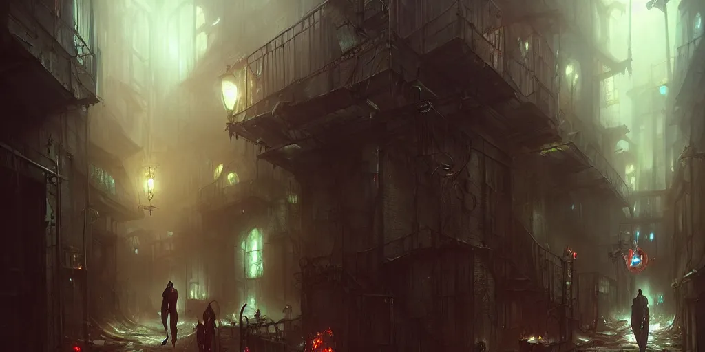 Image similar to dark city alleyway by bastien lecouffe - deharme and charles bowater, greg rutkowski, adventure game, inspired by diablo concept art