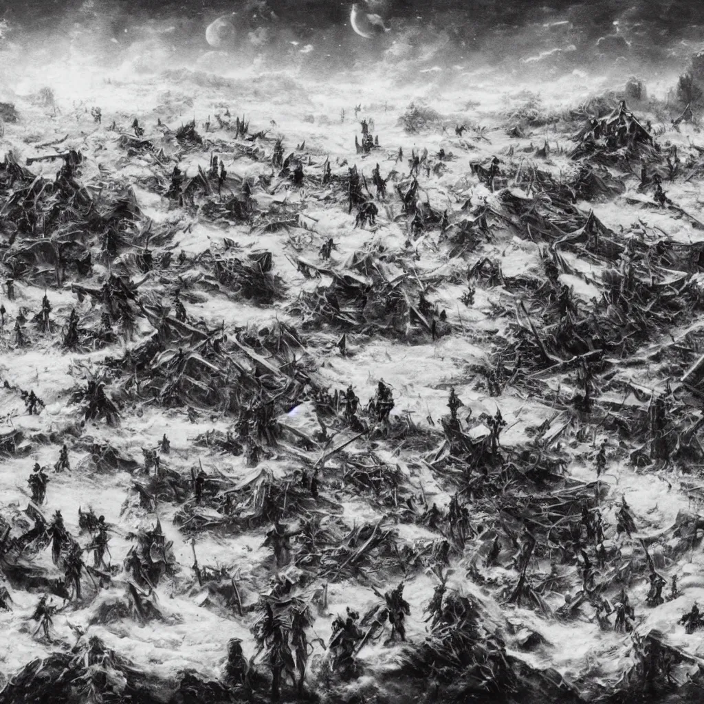 Image similar to group of knights viewing from a distance a destroyed starship located in the middle of a snow field