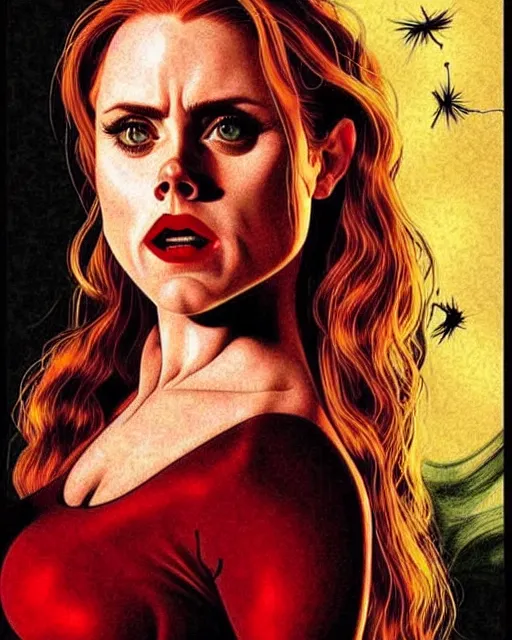 Image similar to rafeal albuquerque comic art, tintoretto : : gorgeous vampire amy adams : : sharp teeth, open mouth sneer : : symmetrical face, symmetrical eyes : : gorgeous red hair : : magic lighting, low spacial lighting : :