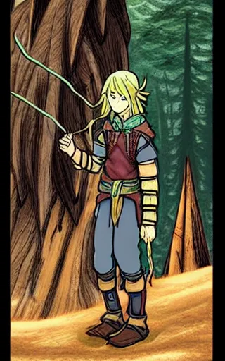 Image similar to an wood elf boy getting ready for an high fantasy adventure on the mountain side, anime style, tarot card, Tarot card the fool