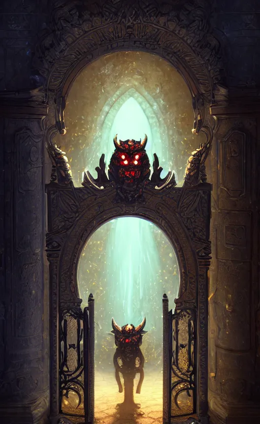 Image similar to a ornamental gate into space a demon emerges from it, ornament, intarsia, portal, doorway, dynamic lighting, ambient lighting, atmospherical, photorealistic fantasy concept art, trending on art station, stunning visuals, creative, cinematic, ultra detailed