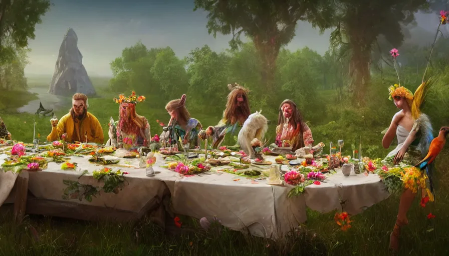 Image similar to a table dinner of exotic birds where birds are dressed like the characters from the midsommar movie wearing flowers, realistic detailed digital art by maxwell boas jessica rossier christian dimitrov anton fadeev trending on artstation cgsociety rendered in unreal engine 4 k hq