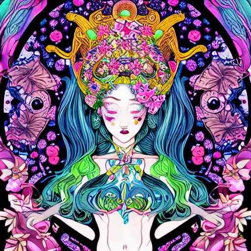 Image similar to NeoPagan Goddess of Spring, inside her temple, in a style blend of Peter Chung, Junko Mizuno, and Botticelli, hyper detailed, photorealistic digital art, flat colors, dramatic composition, extremely fine inking lines
