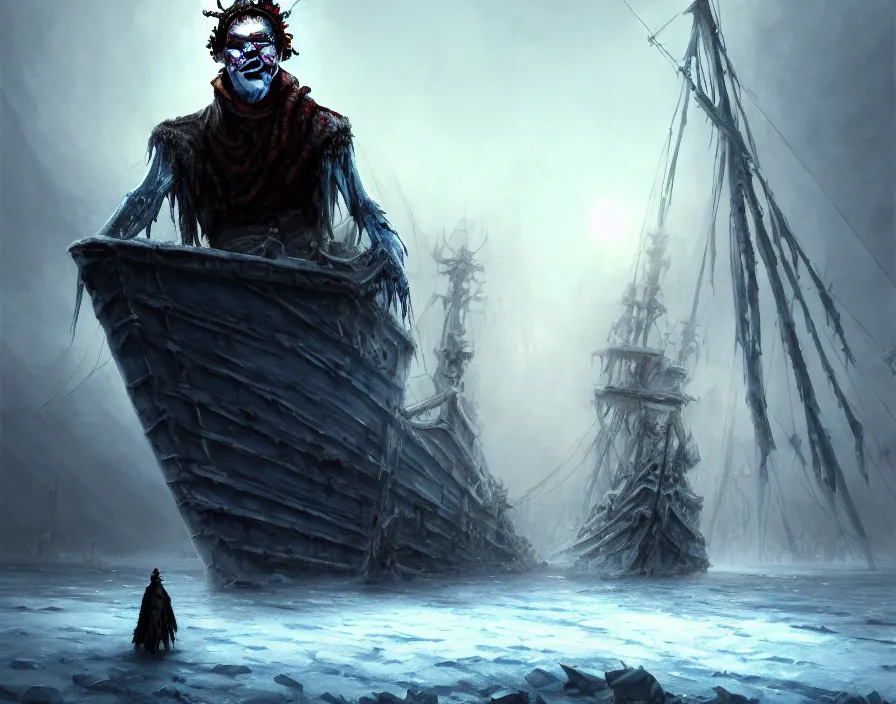 Image similar to a frozen zombie man with a crown, eyes are glowing, broken sailing ship boat in the background, is at dawn and bluish, fantasy, intricate, elegant, highly detailed, digital painting, artstation, concept art, matte, sharp focus, illustration, art by aenaluck and roberto ferri and greg rutkowski, epic fantasy, digital painting