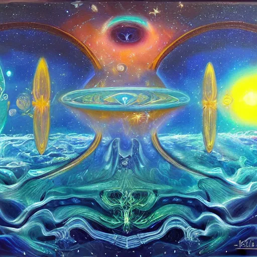 Prompt: atlantis, galactic astral realm journey in oil painting, trending on art station, surrealist art