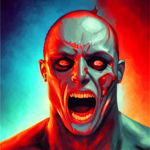 Image similar to Bright, colorful, realistic Serial killer rpg single individual headshot gore covered scream dramatic backlighting, kodachrome, high contrast, highly detailed, sharp focus, digital painting, concept art, illustration, trending on artstation, comic book by Alex Ross cover art