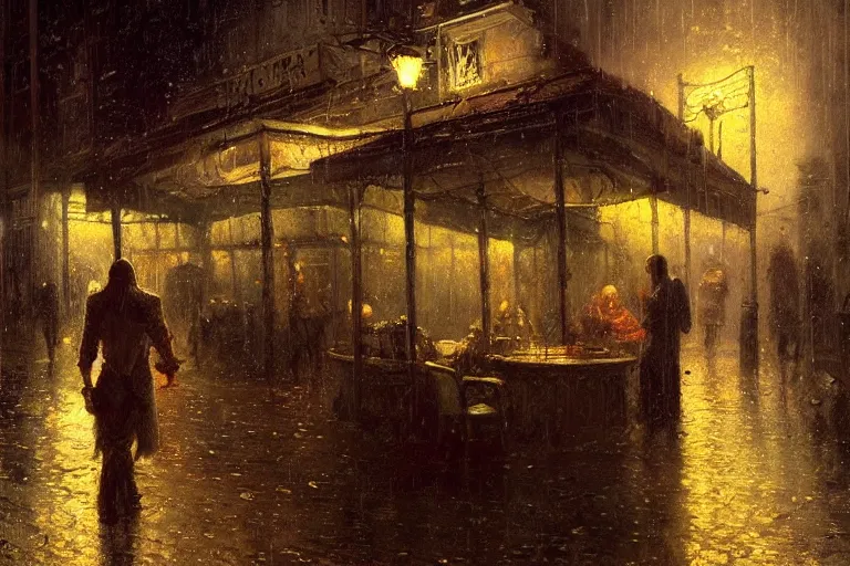 Image similar to A small cafe at night during rain, moody scene, highly detailed, intricate, sharp details, dystopian mood, 1950 scene by gaston bussiere, craig mullins, somber lighting, drawn by Giacomo Burattini, inspired by graphic novel cover art