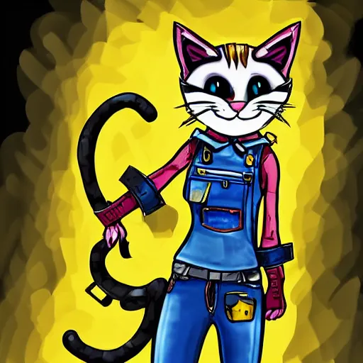 Prompt: a cute cartoon cat with a collar and a yellow mohawk mane, defiant and beautiful, anthro, mechanic punk outfit, digital art, illustration