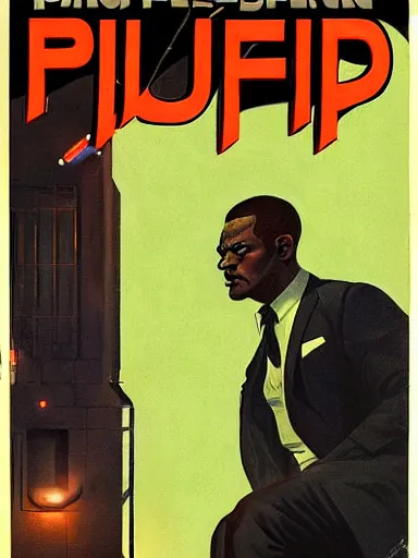 Image similar to pulp magazine cover of a black man in a suit smoking, cinematic view, dynamic lighting, volumetric lighting, mysterious highly detailed, smooth, digital painting, symmetrical, art by vincent di fate, kehinde wiley, artem demura, frezetta