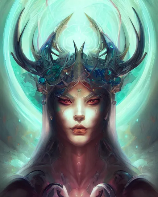 Prompt: portrait of a beautiful satanic cybernetic emanation, by pete mohrbacher and artgerm and wlop, digital art, highly detailed, intricate, fantasy, mystical, Trending on Artstation HQ, deviantart, unreal engine, 4K UHD image