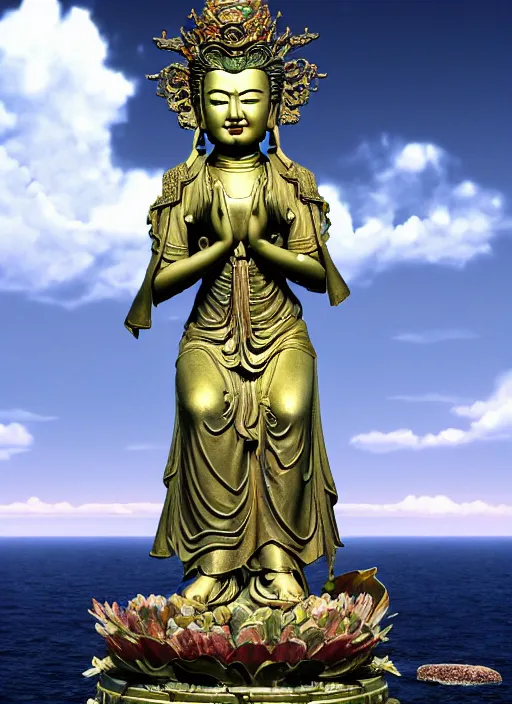 Image similar to guanyin stand on big loutus, a godness of the southern seas, a realistic setting with muted colors, visual novel cover, by yoshitaka amano, zeng fanzhi, jane hamilton, tiffany studios, sunrays shine uponit, frostbite 3 engine, cryengine, dof, trending on artstation, digital art, fantasy detailed background