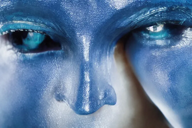 Image similar to vfx movie scene closeup portrait of beautiful blue body paint fit alien gorgeous man dancing in sleek futuristic decadent spaceship pillars, alien antenna, futuristic ballroom. big eyes, soft skin, giant windows view of earth obit. by emmanuel lubezki