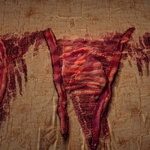 Prompt: the shroud of turin made of bacon, photography, 8 k, highly detailed, ultra realistic, path traced