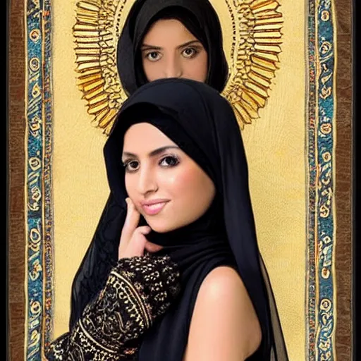 Image similar to arabic women portrait, long black hair, big eyes, beautifull as angel