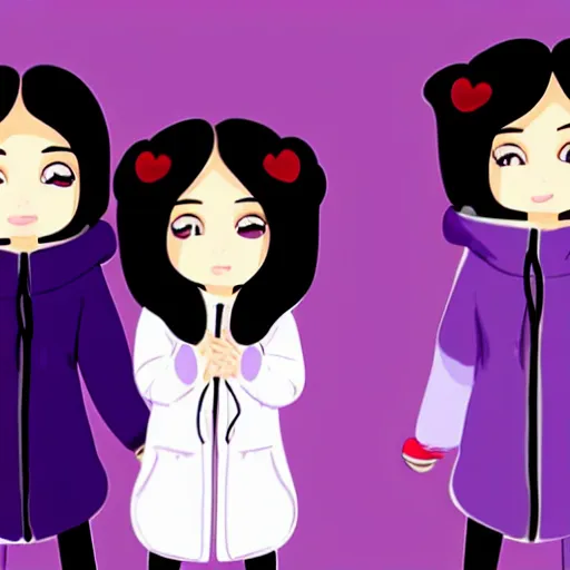 Image similar to two girls, a girl with short white hair and polar bear ears wearing an open black coat, another girl with long black hair wearinga purple hoodie with red eyes