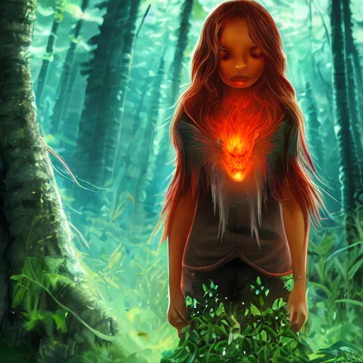 Prompt: magical astonishing dark forest is protected by an indigenous girl with a red-sleeved T-shirt using jeans, her hair glows on fire as she protects the forest with her fire powers, and her eyes are pure fire. trending on artstation, splash art hyper-detailed, 4K