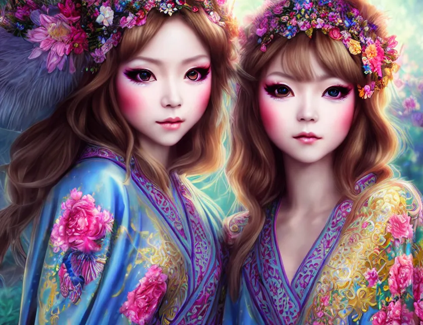 Image similar to two beautiful fashion siberian girls wear fantasy kimono in festival | | big eyes, sunny, dreamlike art, realistic shaded, smile, good looking, hyper details, 4 k realistic, cryengine, realistic shaded lighting poster by artgerm, ross tran, fuji choko, loish, 8 k resolution, trending on artstation, luxury