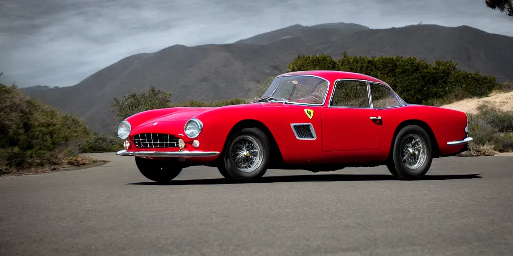 Prompt: photograph, 1958 FERRARI 250 GT, by Peter Singhof, press release, cinematic, Pacific Coast Highway, 8k, depth of field, bokeh.