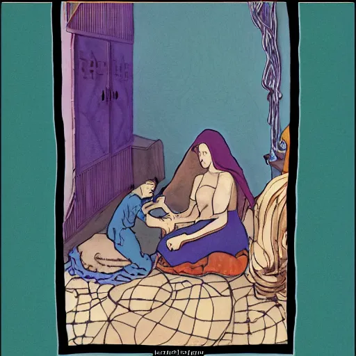 Prompt: the far side, phoenician casual by h. p. lovecraft. a beautiful performance art harmony of colors, simple but powerful composition. a scene of peaceful domesticity, with a mother & child in the center, surrounded by a few simple objects. colors are muted & calming, serenity & calm.