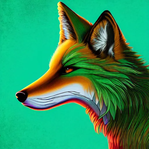 Prompt: digital green weed fox, retrowave palette, digital world, highly detailed, electric breeze, anatomically correct vulpine, synth feel, fluffy face, ear floof, flowing fur, super realism, accurate animal imagery, 4 k digital art