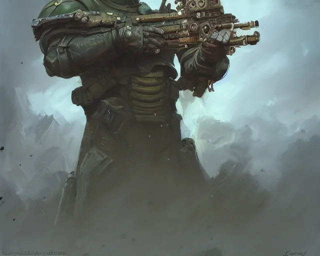 Image similar to oil painting a spanish doomguy, elegant, detailed, fantasy, hd shot, digital portrait, beautiful, artstation, comic style, unreal engine, by artgerm, guy denning, jakub rozalski, magali villeneuve and charlie bowater