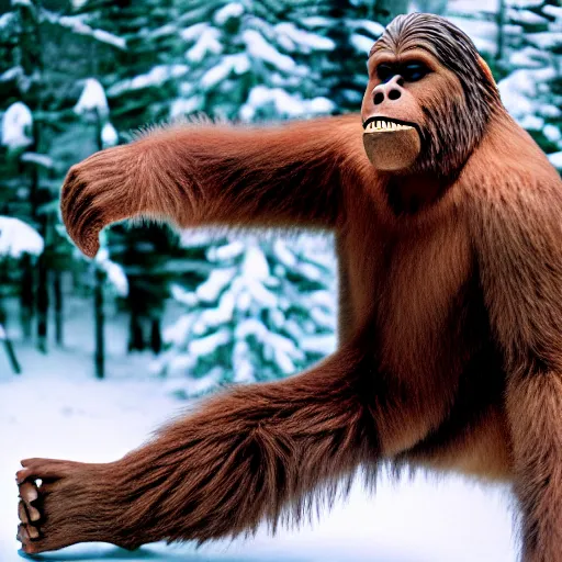 Image similar to bigfoot holding a tickle in his hand, color photograph, nature photograph, national geographic, 4 k.