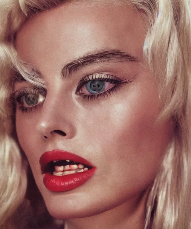 Image similar to a color photograph of margot robbie, by robert mapplethorpe, platinum blond, intense, bold, exaggerated, ultra sharp, extra details, ultra high quality, trending on pinteresst