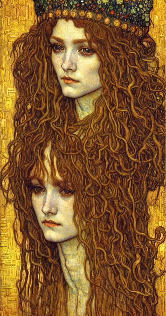 Image similar to detailed realistic beautiful young medieval queen face portrait by jean delville, gustav klimt and vincent van gogh, art nouveau, symbolist, visionary, gothic, pre - raphaelite, muted earthy colors, desaturated